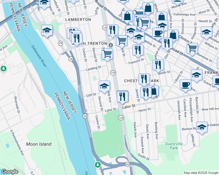 map of restaurants, bars, coffee shops, grocery stores, and more near 28-66 Stokely Avenue in Trenton