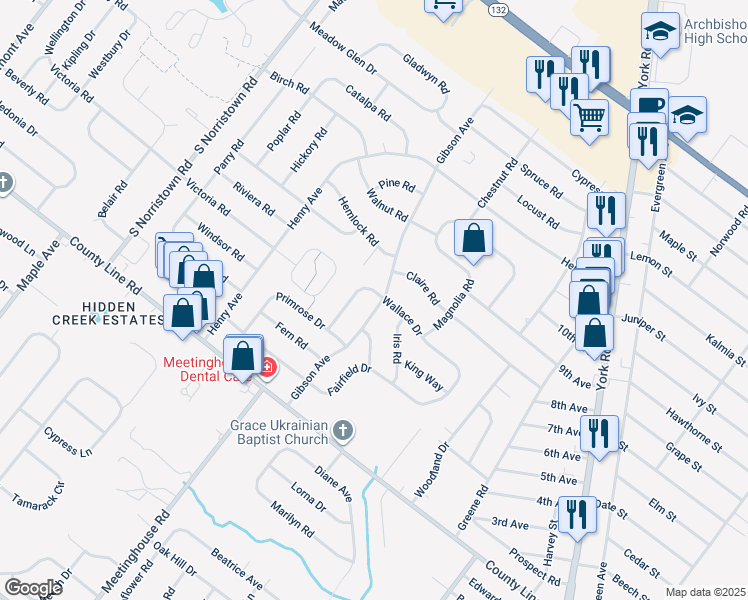 map of restaurants, bars, coffee shops, grocery stores, and more near 194 Gibson Avenue in Warminster