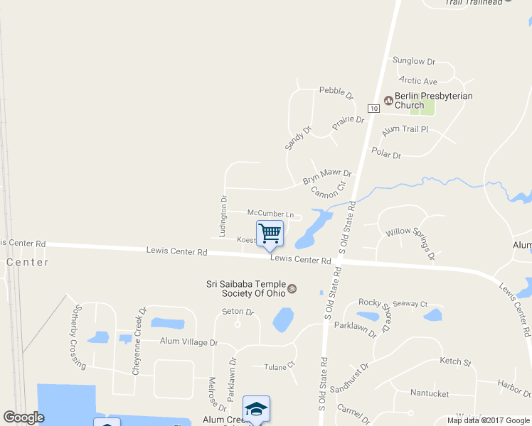 map of restaurants, bars, coffee shops, grocery stores, and more near McCumber Lane in Lewis Center