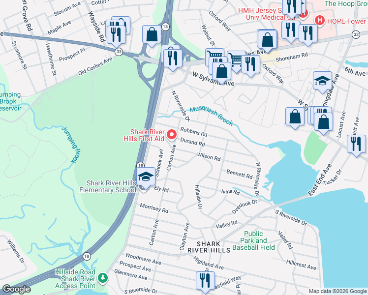 map of restaurants, bars, coffee shops, grocery stores, and more near 1 May Place in Neptune City