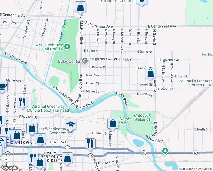 map of restaurants, bars, coffee shops, grocery stores, and more near 1414 East Manor Street in Muncie