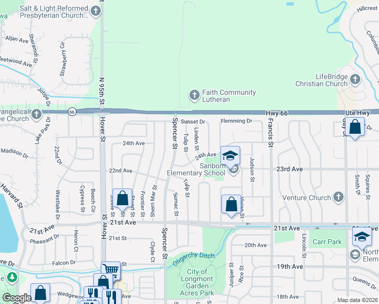 map of restaurants, bars, coffee shops, grocery stores, and more near 1813 24th Avenue in Longmont