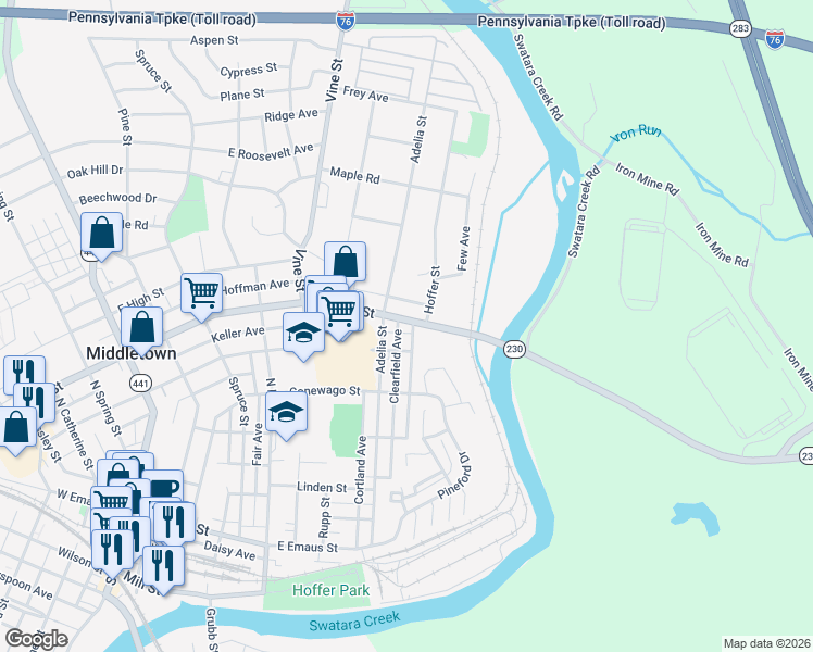 map of restaurants, bars, coffee shops, grocery stores, and more near 315 Clearfield Avenue in Middletown
