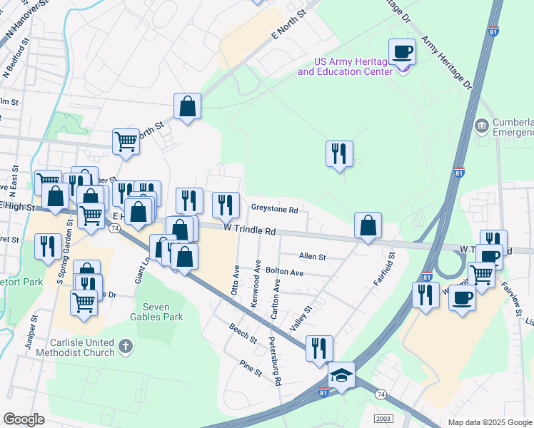 map of restaurants, bars, coffee shops, grocery stores, and more near 18 Greystone Road in Carlisle