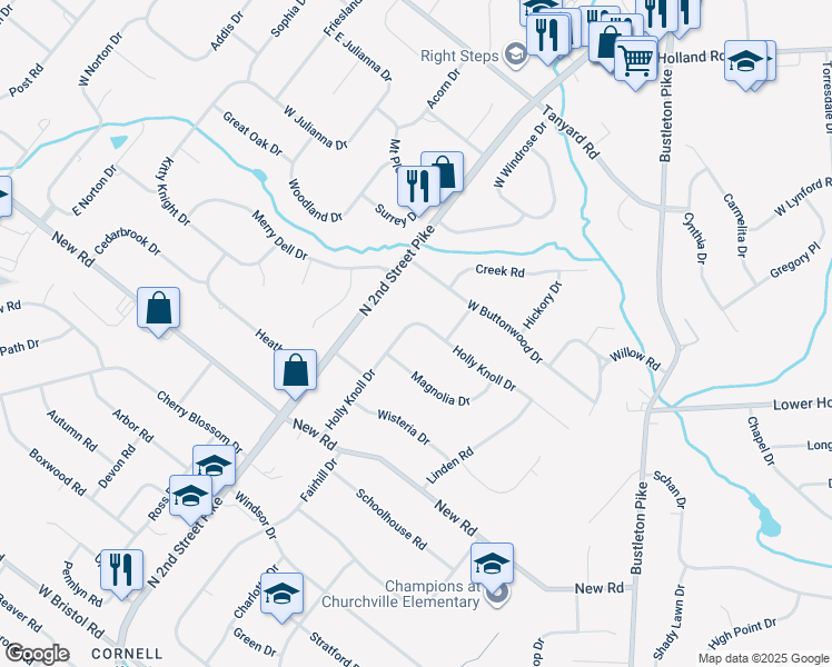 map of restaurants, bars, coffee shops, grocery stores, and more near 377 Holly Knoll Drive in Bucks County