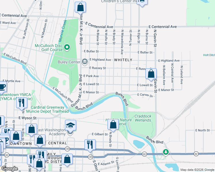 map of restaurants, bars, coffee shops, grocery stores, and more near 803 North Brady Street in Muncie