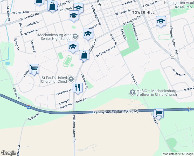 map of restaurants, bars, coffee shops, grocery stores, and more near 506 Miller Avenue in Mechanicsburg