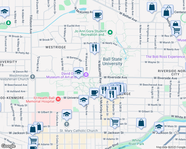 map of restaurants, bars, coffee shops, grocery stores, and more near 2038-2086 West Riverside Avenue in Muncie