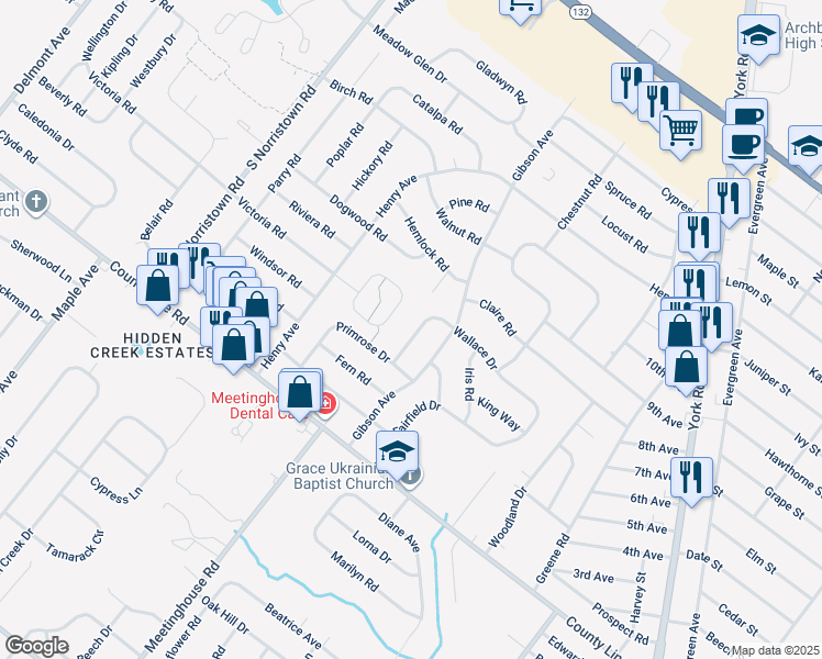 map of restaurants, bars, coffee shops, grocery stores, and more near 124 Wallace Drive in Warminster
