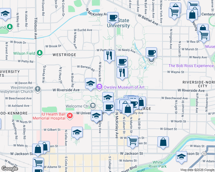 map of restaurants, bars, coffee shops, grocery stores, and more near 2000 West Riverside Avenue in Muncie