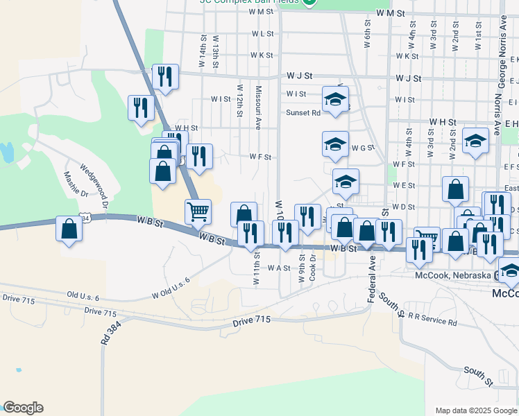 map of restaurants, bars, coffee shops, grocery stores, and more near 212 11th Street West in McCook