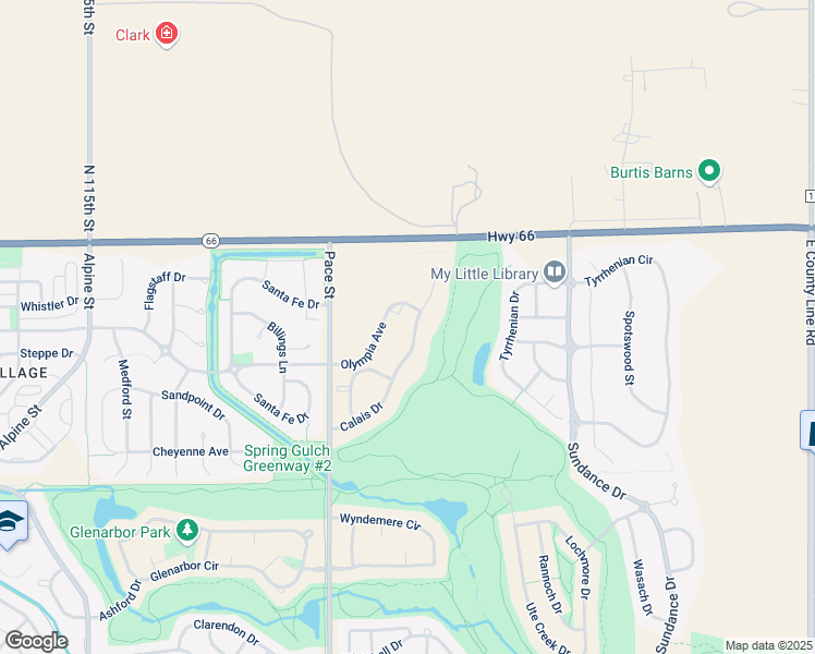 map of restaurants, bars, coffee shops, grocery stores, and more near 2308 Calais Drive in Longmont