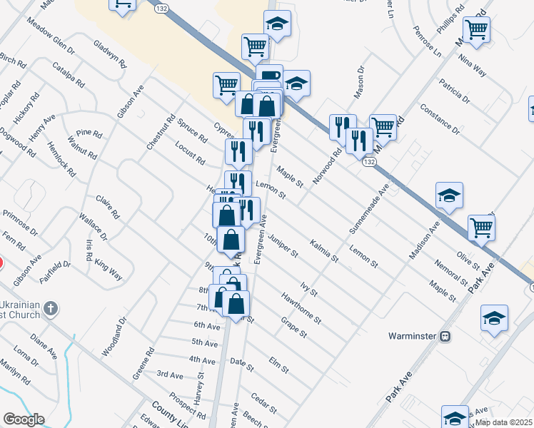 map of restaurants, bars, coffee shops, grocery stores, and more near 515 Juniper Street in Warminster