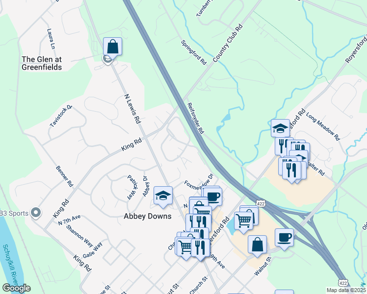 map of restaurants, bars, coffee shops, grocery stores, and more near 1710 Foxmeadow Circle in Royersford