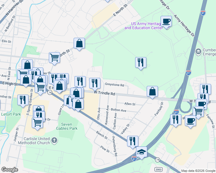 map of restaurants, bars, coffee shops, grocery stores, and more near 2046 Trindle Road in Carlisle