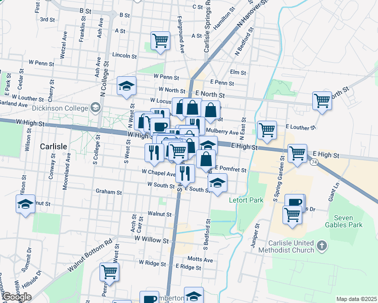 map of restaurants, bars, coffee shops, grocery stores, and more near 29 East Pomfret Street in Carlisle