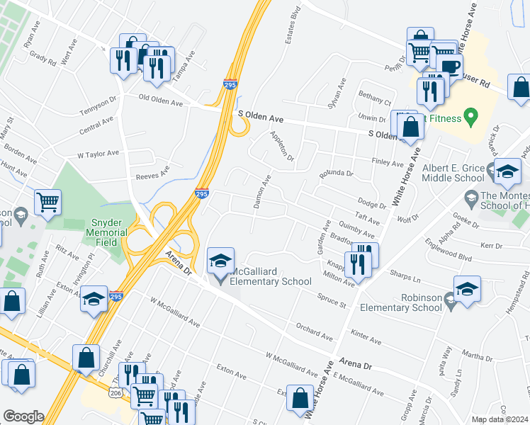 map of restaurants, bars, coffee shops, grocery stores, and more near 12 Bradford Avenue in Trenton