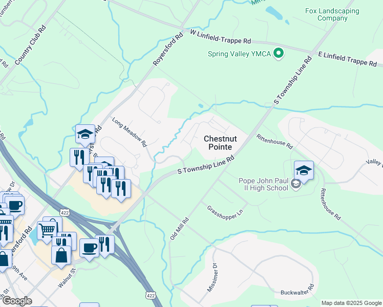 map of restaurants, bars, coffee shops, grocery stores, and more near 153 Morgan Drive in Royersford