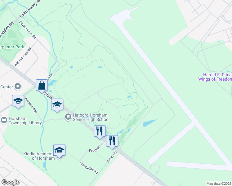 map of restaurants, bars, coffee shops, grocery stores, and more near 200 Tournament Drive in Horsham