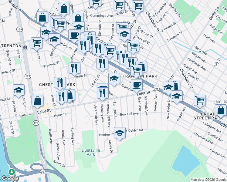 map of restaurants, bars, coffee shops, grocery stores, and more near 401 Dayton Street in Trenton