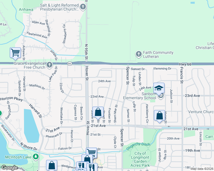 map of restaurants, bars, coffee shops, grocery stores, and more near 2224 Stuart Street in Longmont
