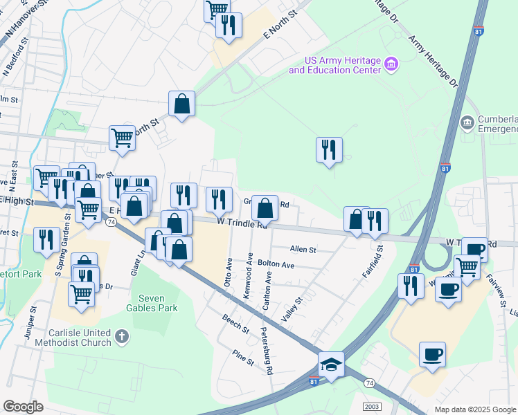 map of restaurants, bars, coffee shops, grocery stores, and more near 18 Greystone Road in Carlisle