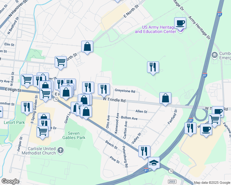 map of restaurants, bars, coffee shops, grocery stores, and more near 6 Greystone Road in Carlisle