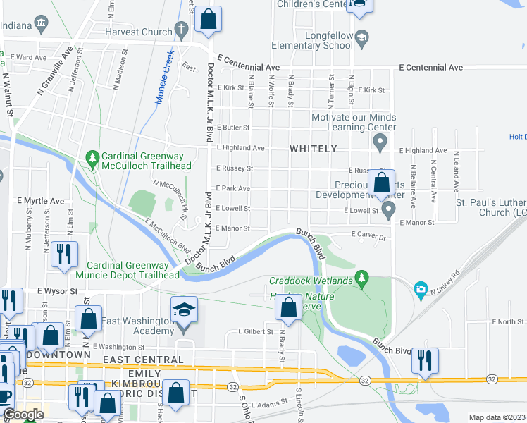 map of restaurants, bars, coffee shops, grocery stores, and more near 825 North Wolfe Street in Muncie