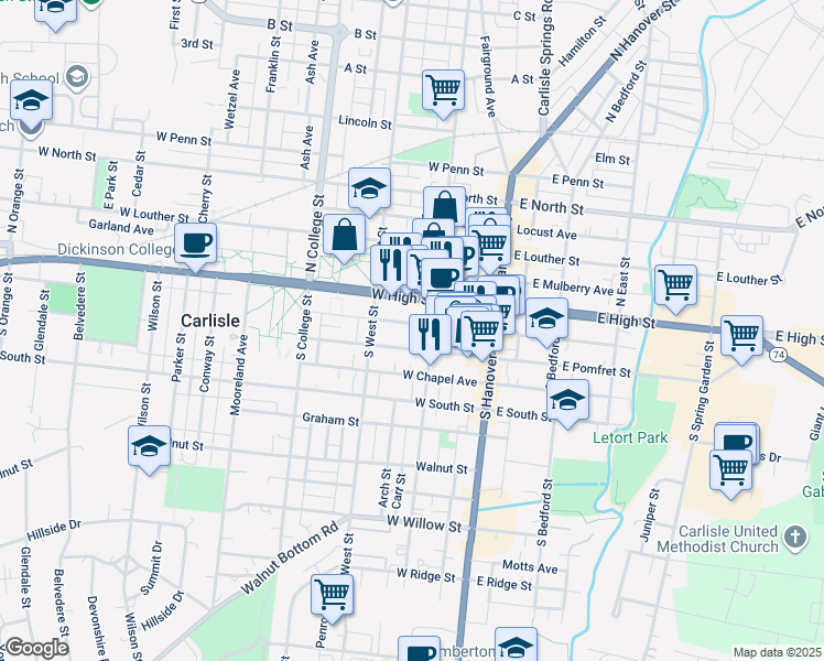 map of restaurants, bars, coffee shops, grocery stores, and more near 128 West Church Avenue in Carlisle