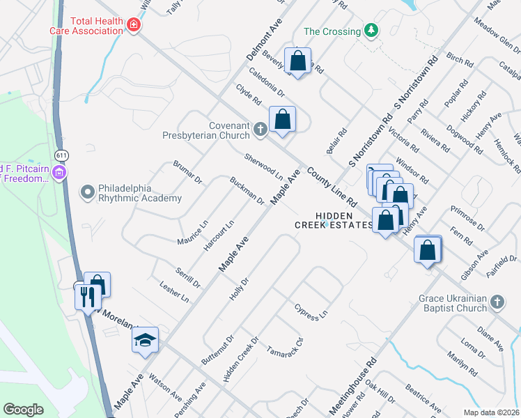 map of restaurants, bars, coffee shops, grocery stores, and more near 506 Buckman Drive in Hatboro