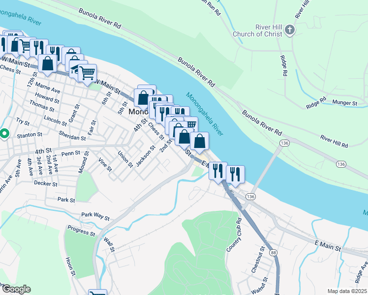 map of restaurants, bars, coffee shops, grocery stores, and more near 135 Pennsylvania 837 in Monongahela