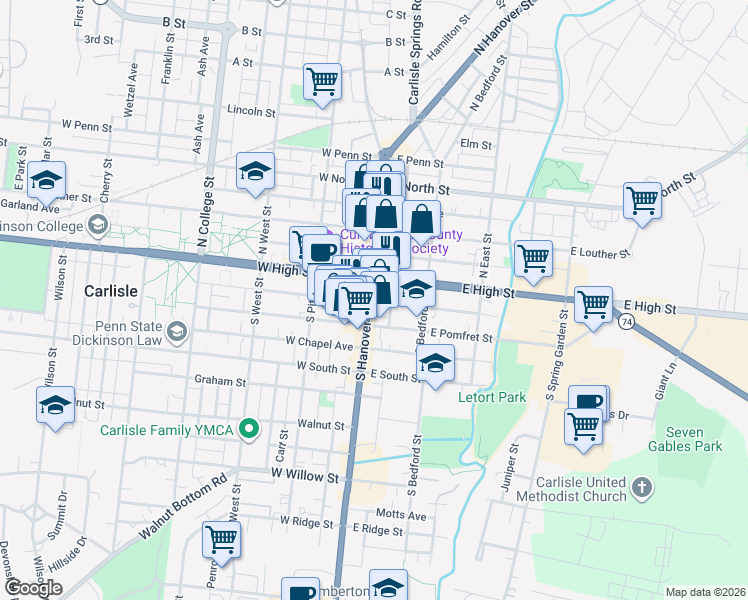 map of restaurants, bars, coffee shops, grocery stores, and more near 1986 Irvine Row in Carlisle