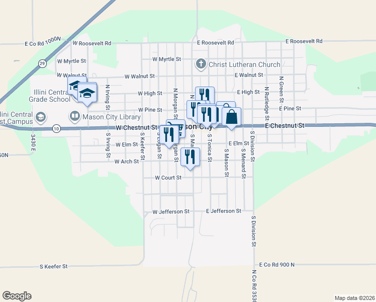 map of restaurants, bars, coffee shops, grocery stores, and more near 118 West Elm Street in Mason City