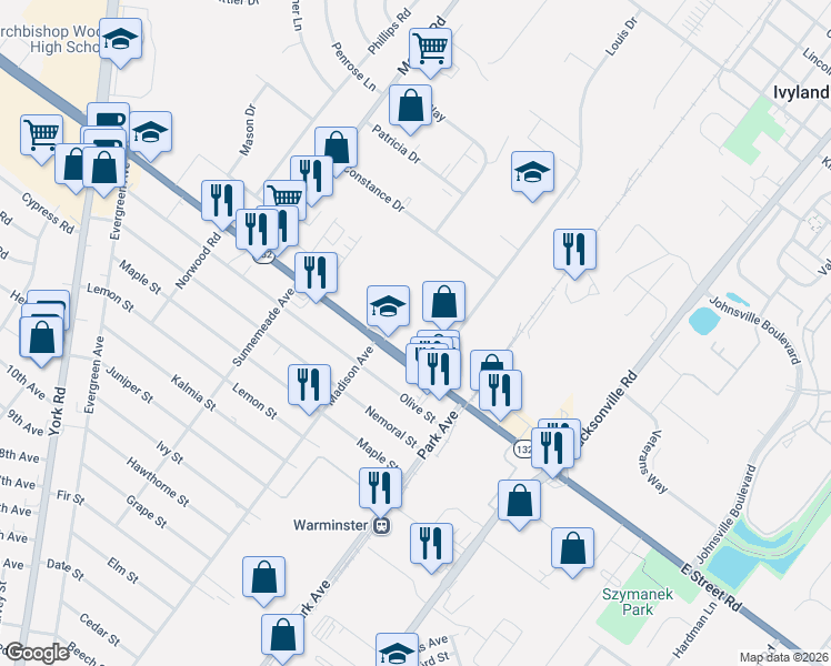 map of restaurants, bars, coffee shops, grocery stores, and more near 610 Louis Drive in Warminster
