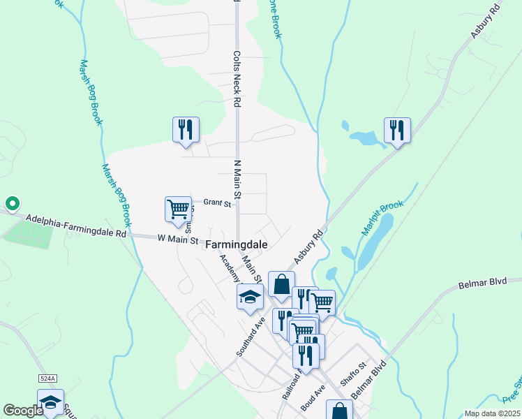 map of restaurants, bars, coffee shops, grocery stores, and more near 10 Yard Avenue in Farmingdale