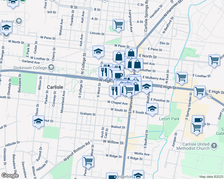 map of restaurants, bars, coffee shops, grocery stores, and more near 128 West Church Avenue in Carlisle