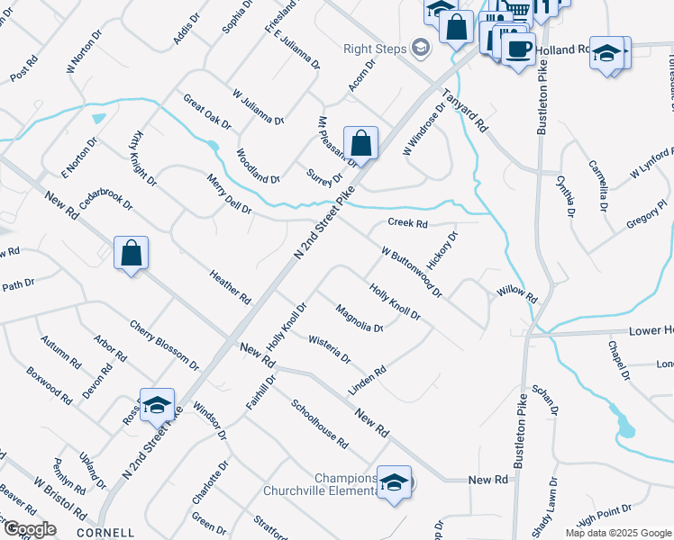 map of restaurants, bars, coffee shops, grocery stores, and more near 377 Holly Knoll Drive in Bucks County