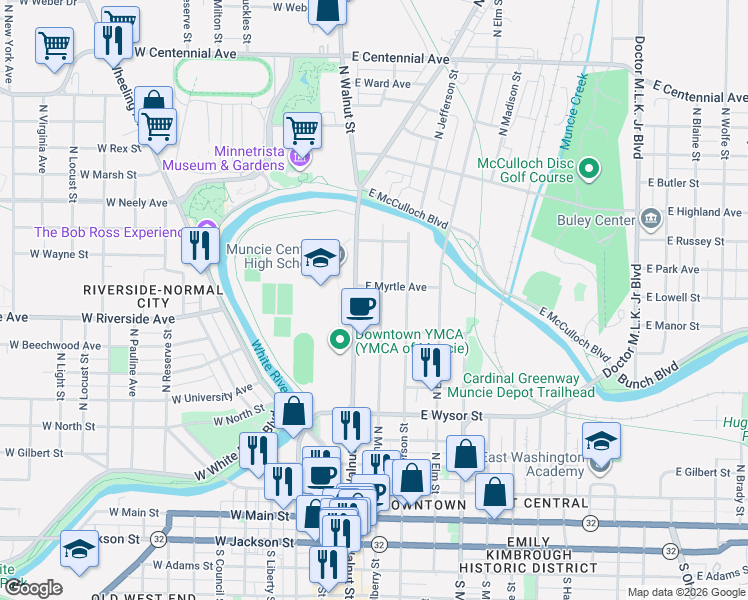 map of restaurants, bars, coffee shops, grocery stores, and more near 804 N Walnut St in Muncie