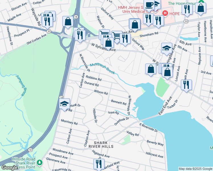 map of restaurants, bars, coffee shops, grocery stores, and more near 213 Robbins Road in Neptune City