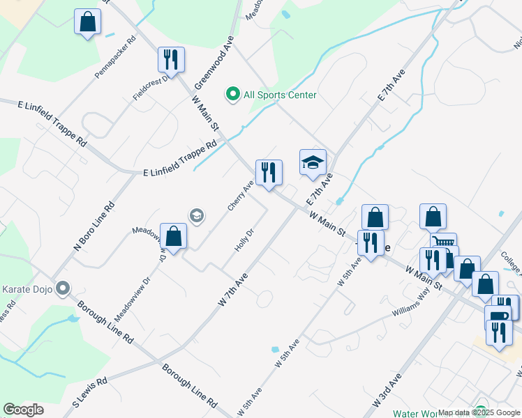 map of restaurants, bars, coffee shops, grocery stores, and more near 744 West Main Street in Collegeville