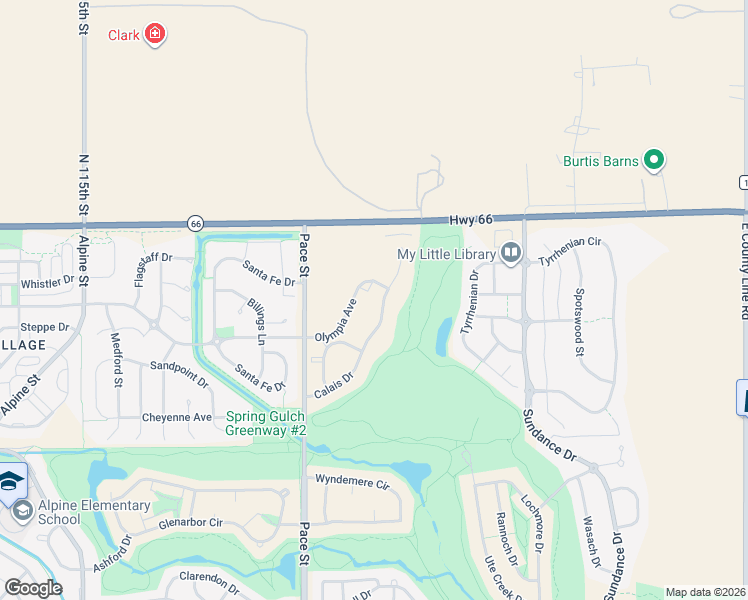 map of restaurants, bars, coffee shops, grocery stores, and more near 2405 Calais Drive in Longmont