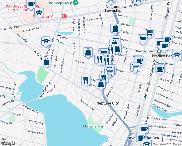 map of restaurants, bars, coffee shops, grocery stores, and more near 124 Evergreen Avenue in Neptune City
