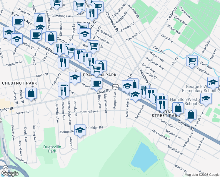 map of restaurants, bars, coffee shops, grocery stores, and more near 1450 South Broad Street in Trenton
