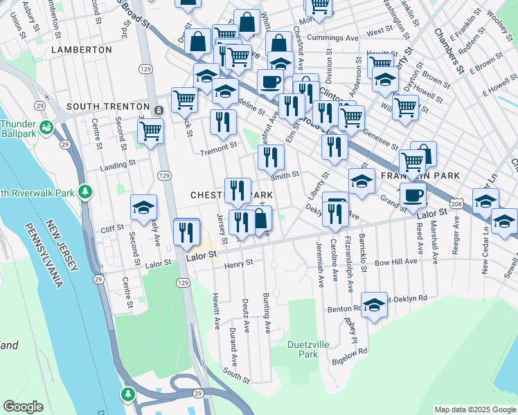 map of restaurants, bars, coffee shops, grocery stores, and more near 428 Home Avenue in Trenton