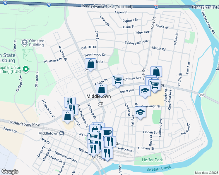 map of restaurants, bars, coffee shops, grocery stores, and more near 141 East High Street in Middletown