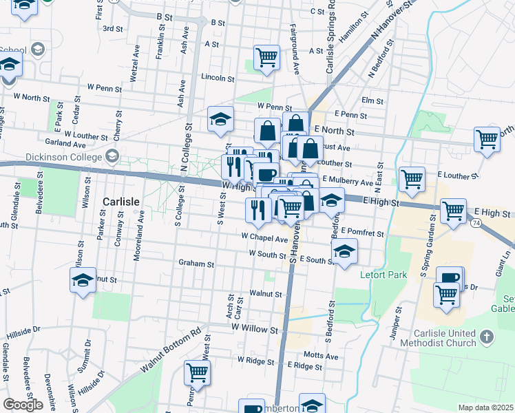 map of restaurants, bars, coffee shops, grocery stores, and more near 56 West High Street in Carlisle