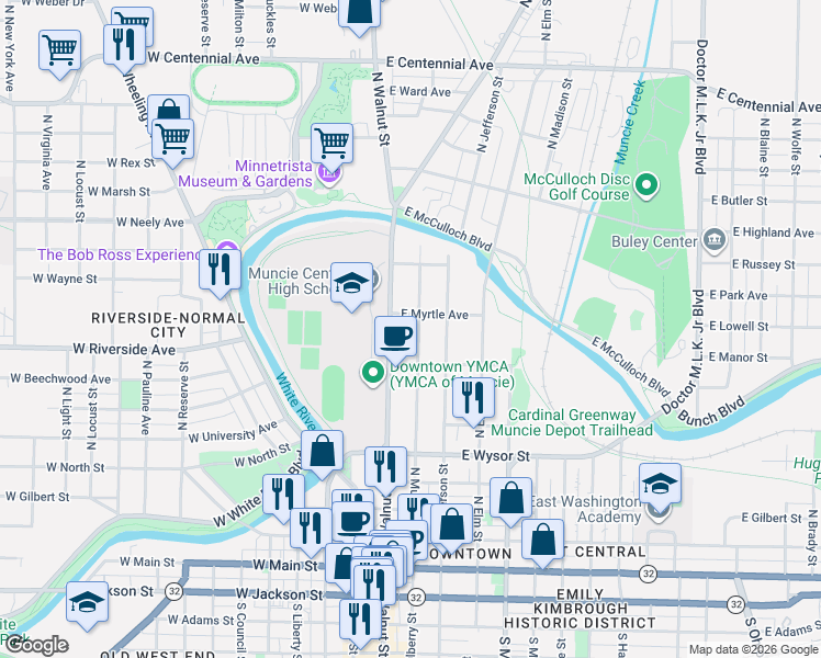 map of restaurants, bars, coffee shops, grocery stores, and more near 804 N Walnut St in Muncie