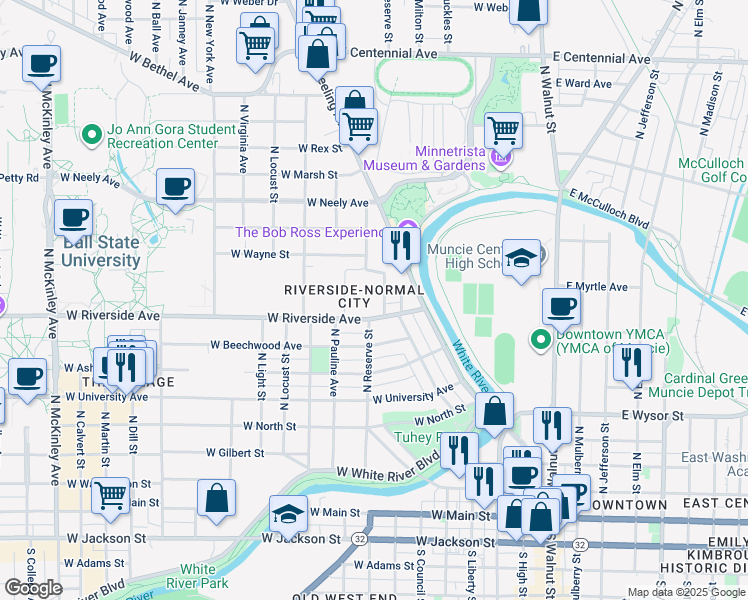 map of restaurants, bars, coffee shops, grocery stores, and more near 800 Blk W Ace Street in Muncie