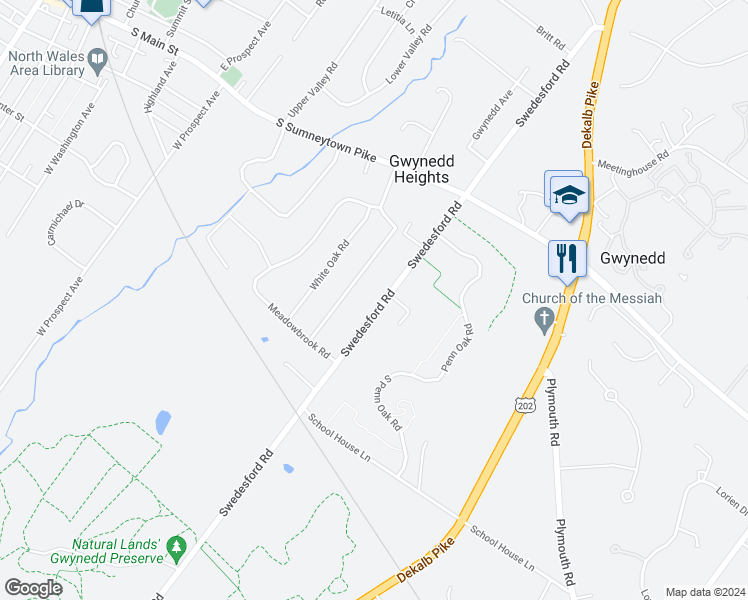 map of restaurants, bars, coffee shops, grocery stores, and more near 158 Swedesford Road in Ambler