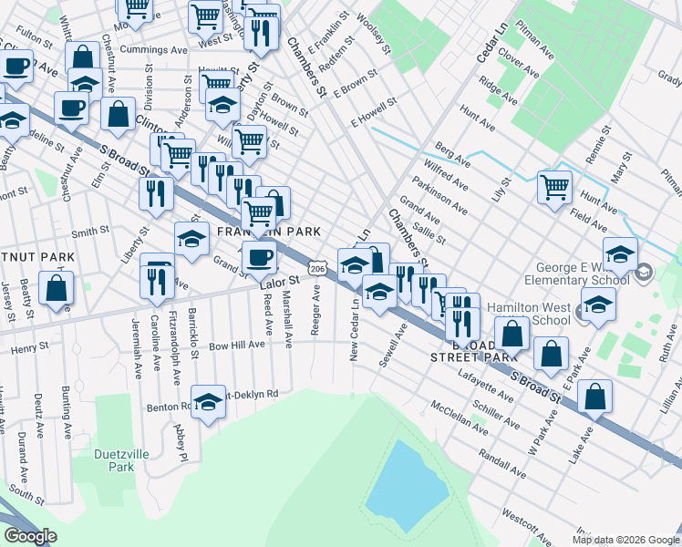 map of restaurants, bars, coffee shops, grocery stores, and more near 1600 South Broad Street in Trenton
